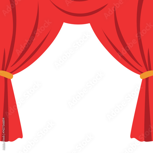 Red stage curtain with yellow scalloped valance and tied side drape, creating a neat and elegant look for performance backdrops or stage decoration.