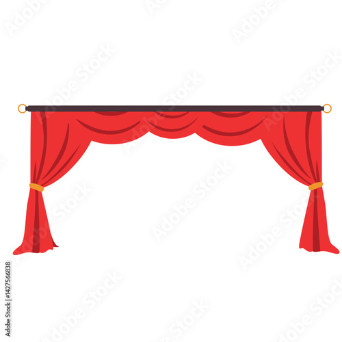 Red stage curtain with yellow scalloped valance and tied side drape, creating a neat and elegant look for performance backdrops or stage decoration.