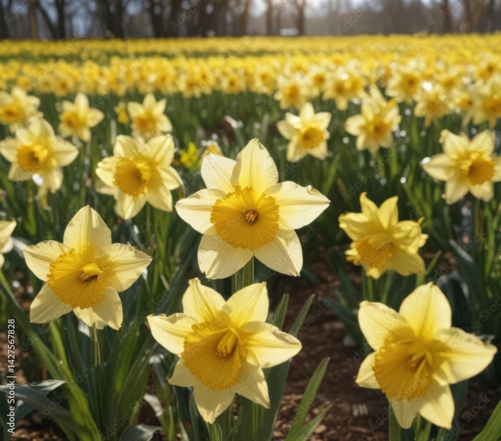 Obraz premium Glistening daffodil petals, sunny field, full bloom Close-up view , image, blossom