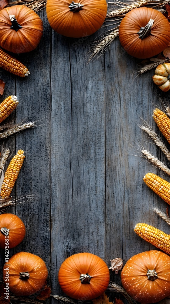 Fototapeta premium Autumn Harvest Background with Pumpkins Corn and Wheat on Rustic Wooden Plank