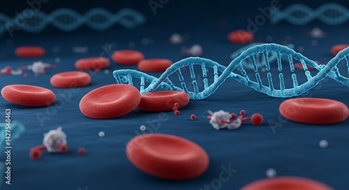 Blood cells amd molecule DNA cell on blue background. 3d render