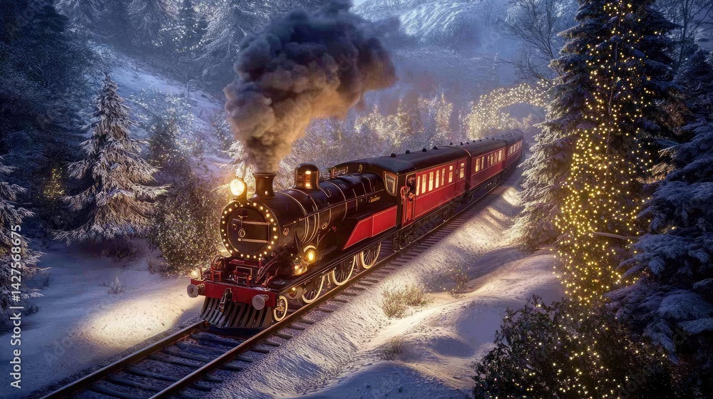 Snowy Christmas train journey through a picturesque forest. Snowy Christmas train journey through a picturesque forest.