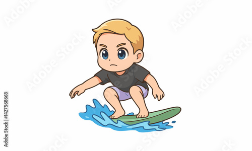 Cute boy surfing with surfboard cartoon illustration