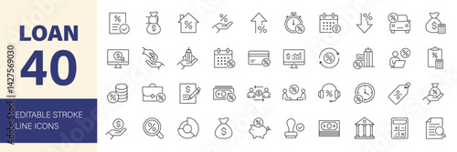 Loan icon set. Money related line icons: credit, mortgage, savings, borrow, lender, credit rating, leasing, calculator, income, banking and more. Editable stroke. Vector illustration.