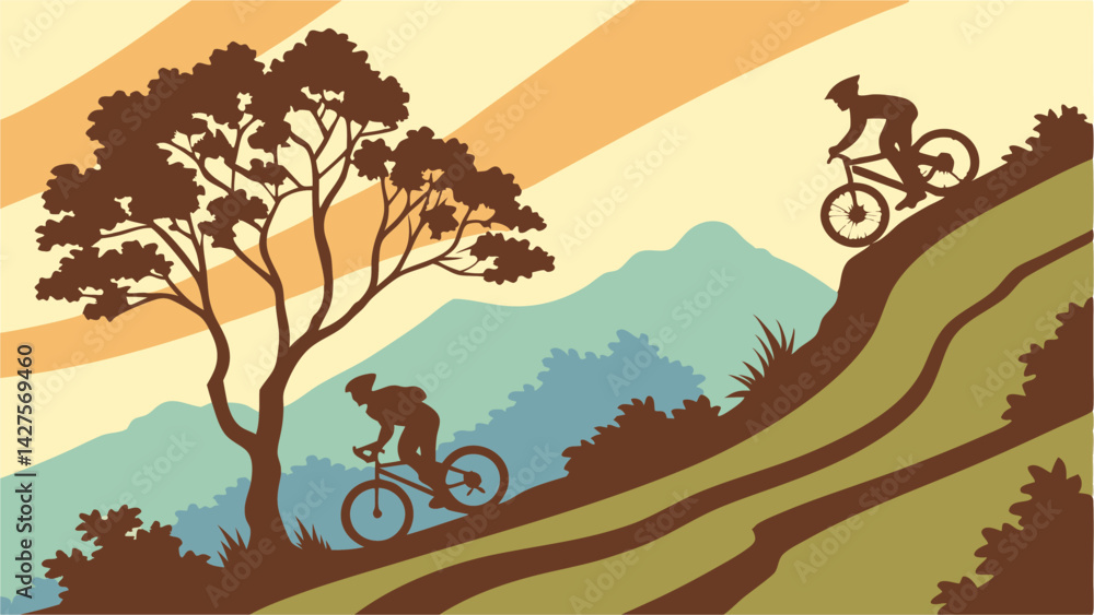 Naklejka premium Detailed vector of mountain biking scene with cyclists riding across hilly terrain at sunset, symbolizing adventure, sport, and outdoor fun