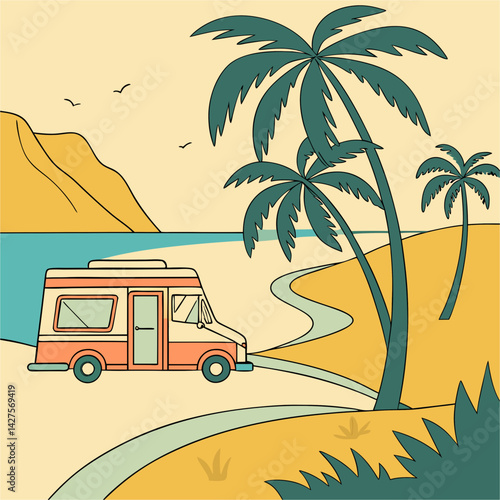 Playful vector of a colorful ice cream truck parked on sunny coastal sands, symbolizing summer treats, joy, and beachside fun