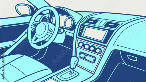 Vector of a futuristic AI-powered car dashboard interface showing smart controls, navigation, and digital automation elements