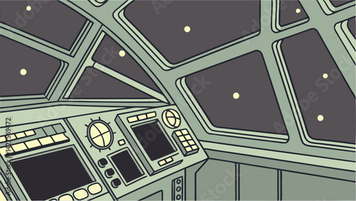 Detailed vector of a futuristic spaceship cockpit featuring multiple digital screens and outer space navigation controls