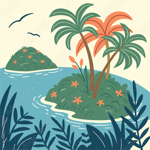Vibrant vector of a tropical island with lush palms and volcano backdrop, surrounded by deep blue waters, symbolizing exotic travel and nature