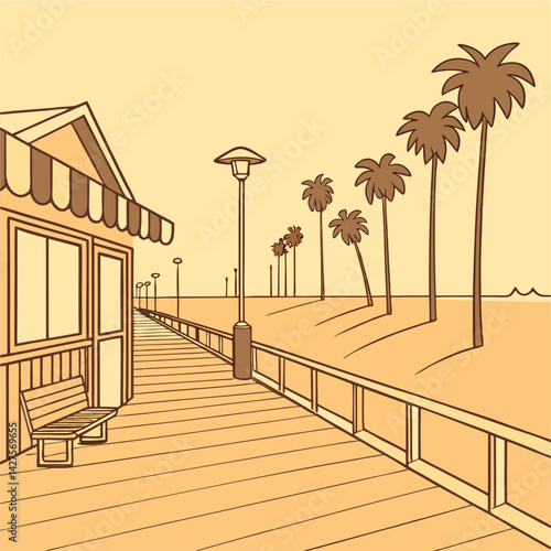 Vector of a wooden beach boardwalk surrounded by palm trees under a warm sunset sky, evoking summer coastal strolls and tropical getaways