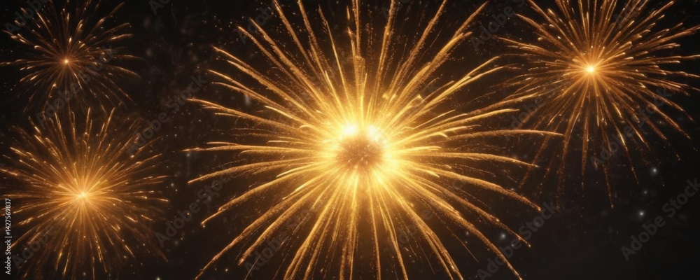Fototapeta premium Fiery yellow fireworks bloom, wide angle shot, incandescent embers , intense, festival