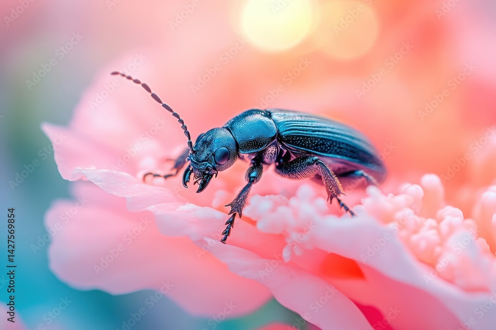 Naklejka premium Vibrant blue beetle on a delicate pink flower petal.