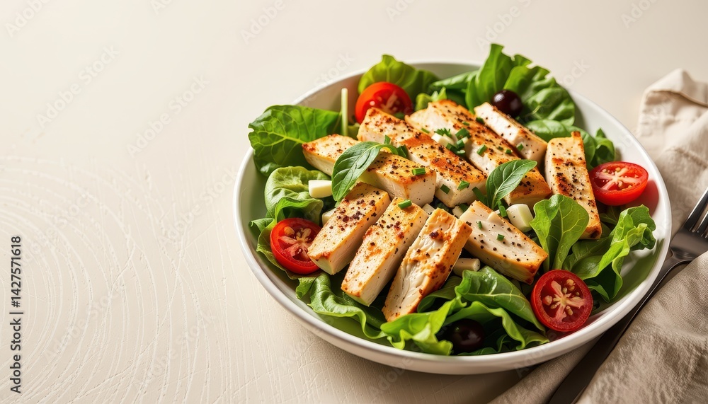 Fresh Grilled Chicken Salad with Greens, Tomato, and Basil in a White Bowl on a Light Background Fresh Grilled Chicken Salad with Greens, Tomato, and Basil in a White Bowl on a Light Background