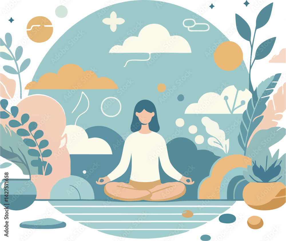 Peaceful Woman Meditating in Nature - Vector Wellness Illustration Peaceful Woman Meditating in Nature - Vector Wellness Illustration