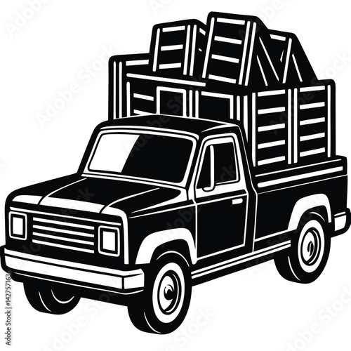 Black and White Illustration of Pickup Truck Carrying Wooden Crates