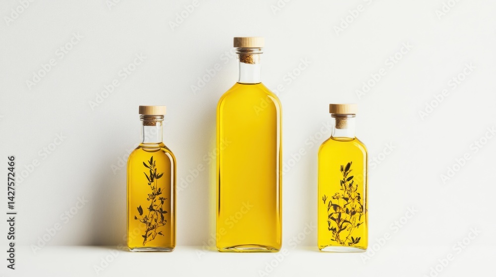 Three glass bottles of cooking oil, varying sizes, with herbal graphics Three glass bottles of cooking oil, varying sizes, with herbal graphics