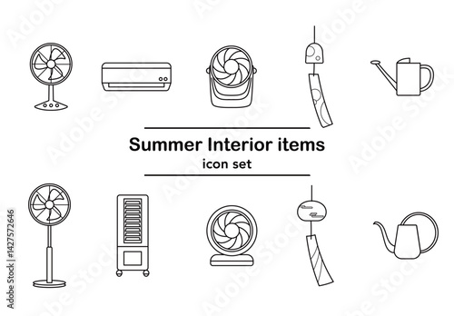 夏の暑さ対策インテリア、シンプルな手書きの線画イラストセット_扇風機、エアコン、サーキュレーター、風鈴、ジョウロ