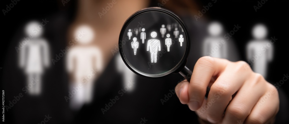 A hand holds a magnifying glass over silhouettes of people, symbolizing analysis or scrutiny in a professional context. Business Strategy, Customer Focus concept