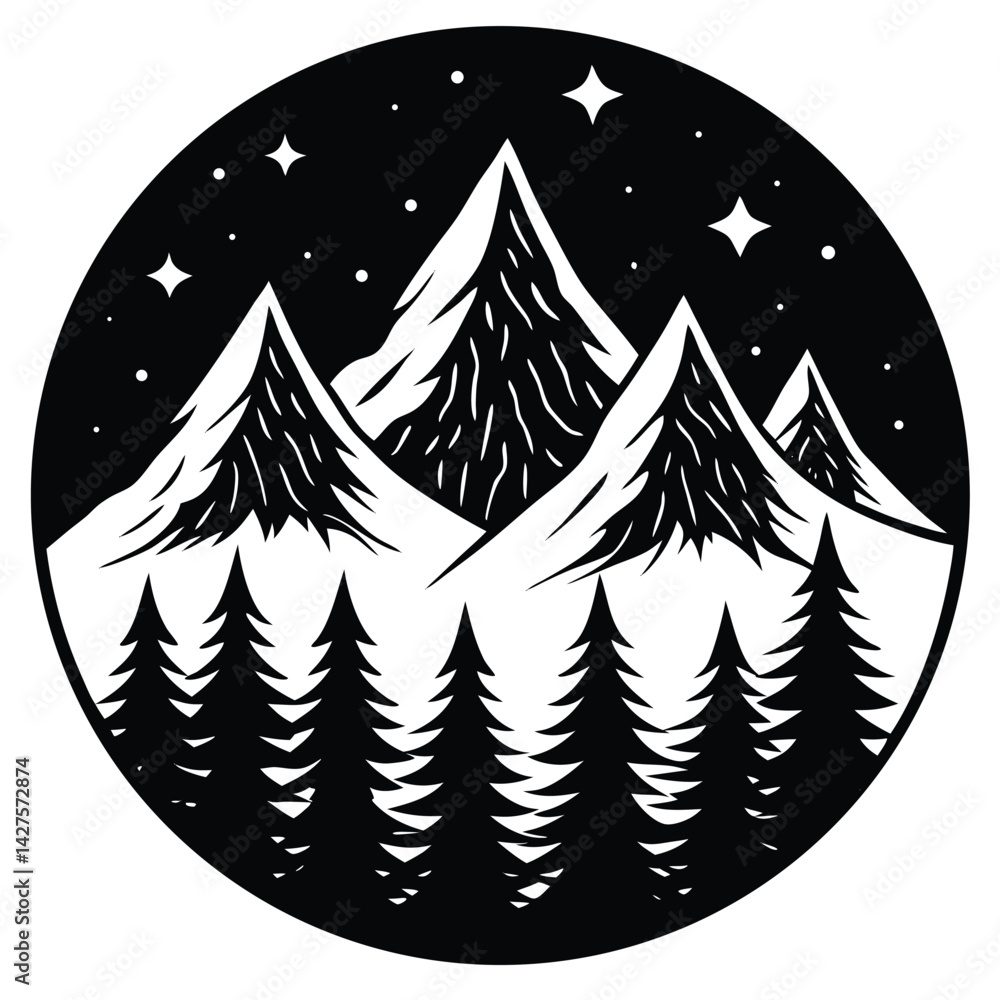 Obraz premium Majestic Mountains at Night with Pine Trees Graphic Design