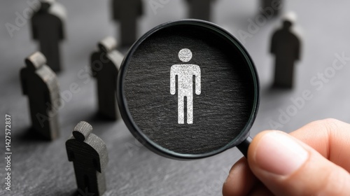A hand holding a magnifying glass focuses on a figure among dark silhouettes, symbolizing analysis or selection. Business Strategy, Customer Focus concept