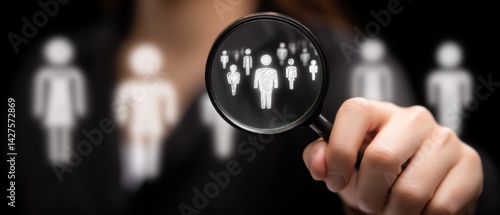 Obraz na płótnie A hand holds a magnifying glass over silhouettes of people, symbolizing analysis or scrutiny in a professional context. Business Strategy, Customer Focus concept w salonie