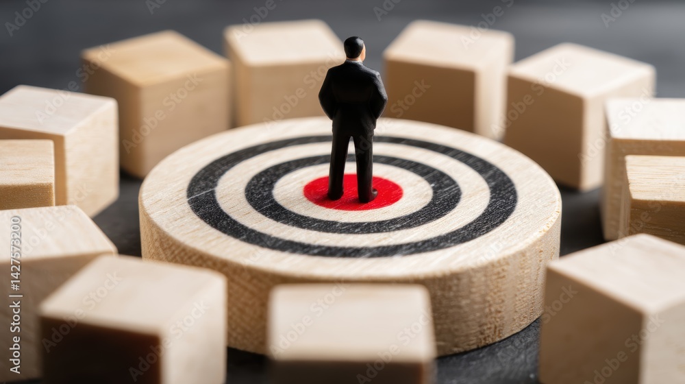 A miniature figure stands on a target, surrounded by wooden blocks, symbolizing focus and strategy in business or decision-making. Business Strategy, Customer Focus concept