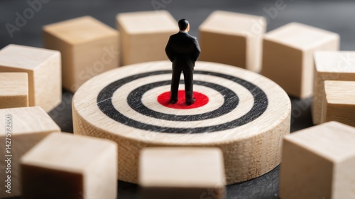 Obraz na płótnie A miniature figure stands on a target, surrounded by wooden blocks, symbolizing focus and strategy in business or decision-making. Business Strategy, Customer Focus concept w salonie
