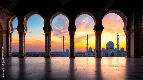 Majestic View of Sunset Through Arched Windows in Exotic Location