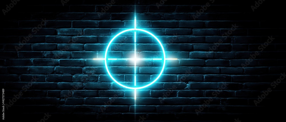 Neon blue circle design on a textured black brick wall, creating a striking visual effect. Business Strategy, Customer Focus concept