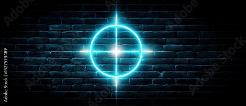 Obraz na płótnie Neon blue circle design on a textured black brick wall, creating a striking visual effect. Business Strategy, Customer Focus concept w salonie