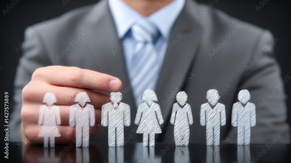 A businessman selects figures representing people, symbolizing leadership and team management. Business Strategy, Customer Focus concept