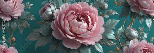 Intricate peony & rose bouquet, platinum leaf accents on teal background; lavish royal design , graphics, intricate, colors