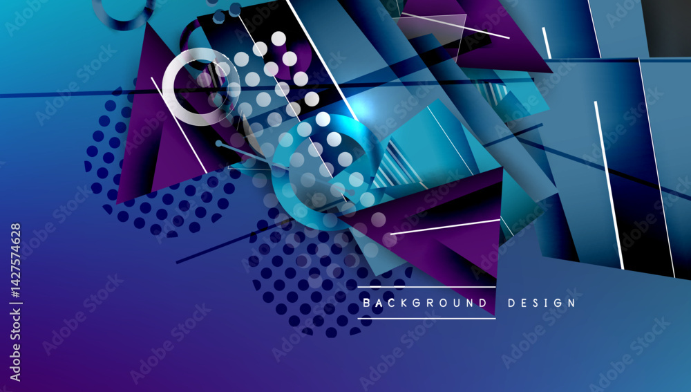 Obraz premium Abstract geometric composition. Blue, purple gradients dominate. Shapes overlap creating dynamic visual effect. Modern design elements present sleek aesthetic.