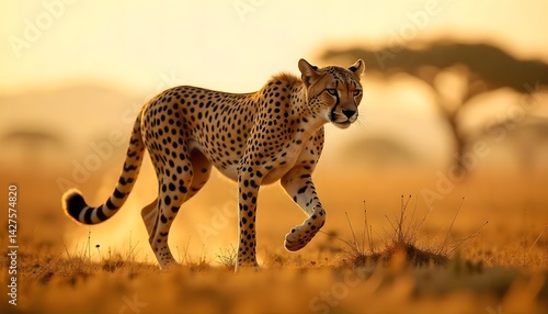Cheetah Walking in Golden Light Savanna