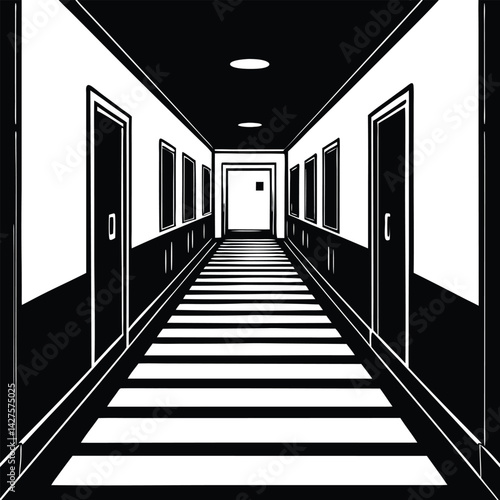 Long Black and White Hallway with Striped Floor