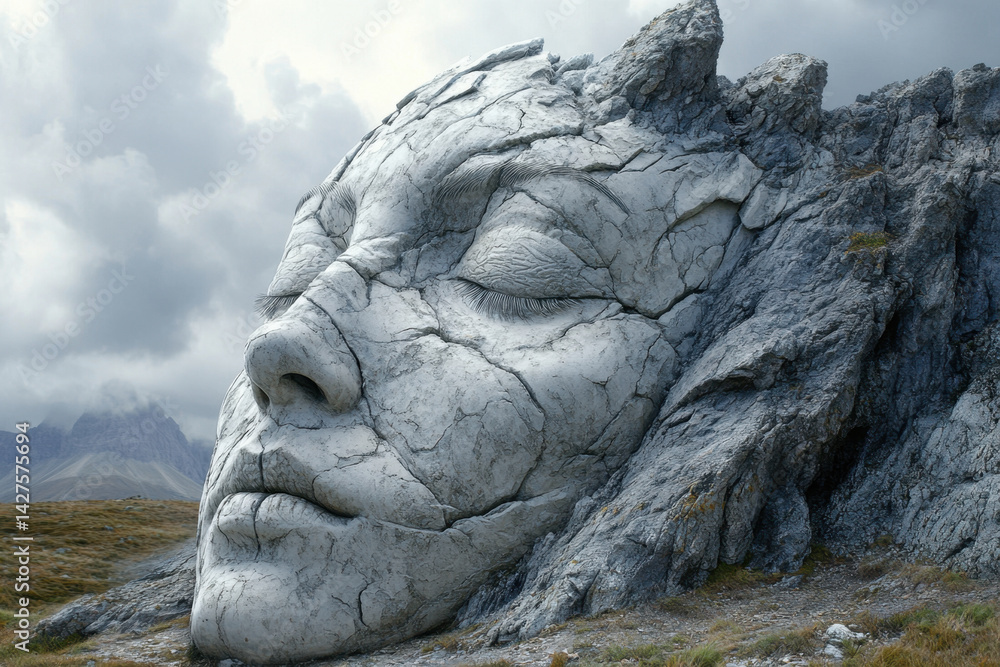 Large face carved on a mountain rock, surrounded by majestic mountains and lush greenery, under a clear blue sky. Large face carved on a mountain rock, surrounded by majestic mountains and lush greenery, under a clear blue sky.