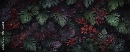 Luxurious dark jungle leaf pattern  Vibrant greens, deep purples, crimson accents , foliage, crimson, tropical