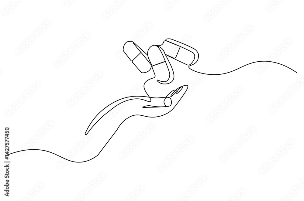 Obraz premium Continuous one line drawing of Hand holding pills medicine. Single line drawing illustration of pills medicine treatment. Medical drugs pharmacy concept vector art. Doodle line illustration.