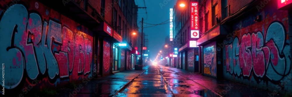 Fototapeta premium Moody cityscape with graffiti, neon lights and abstract urban art in a rainy night scene, city life, urban art, neon lights
