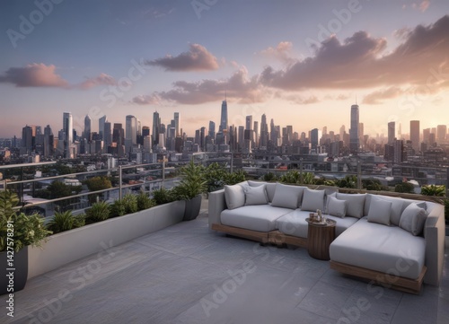 Modern condo unit, city skyline view from rooftop terrace , skyscraper, condo, rooftop