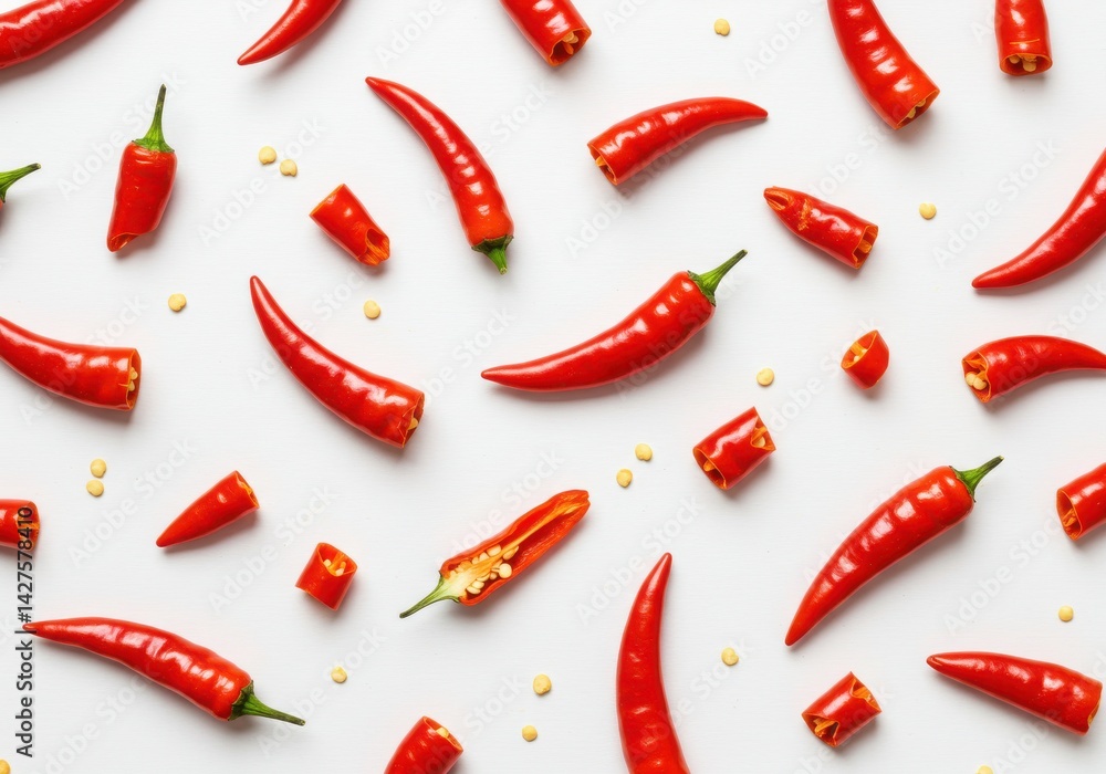 A pattern of red chili peppers whole and sliced on a white background with scattered seeds randomly placed A pattern of red chili peppers whole and sliced on a white background with scattered seeds randomly placed