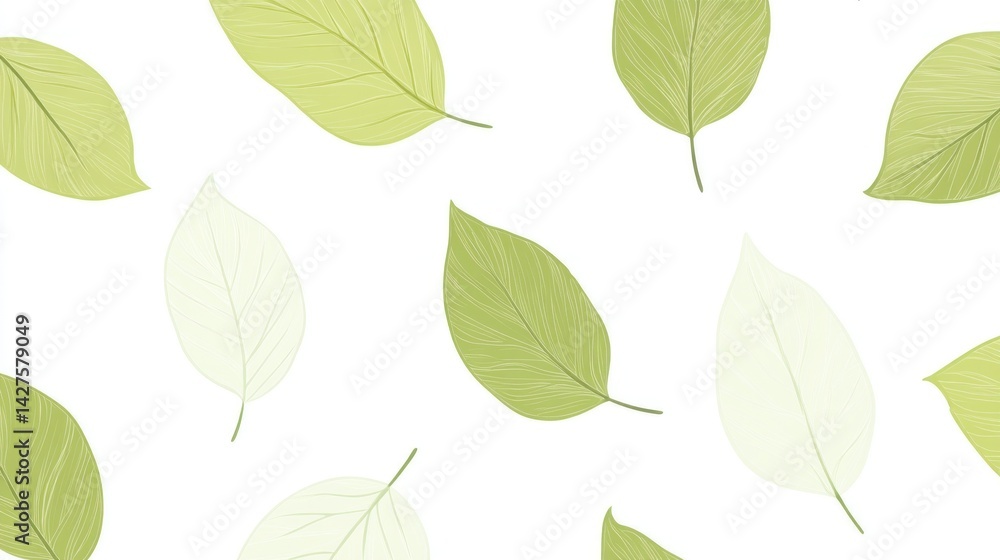 Fototapeta premium Delicate, light green and pale leaves pattern on a white background