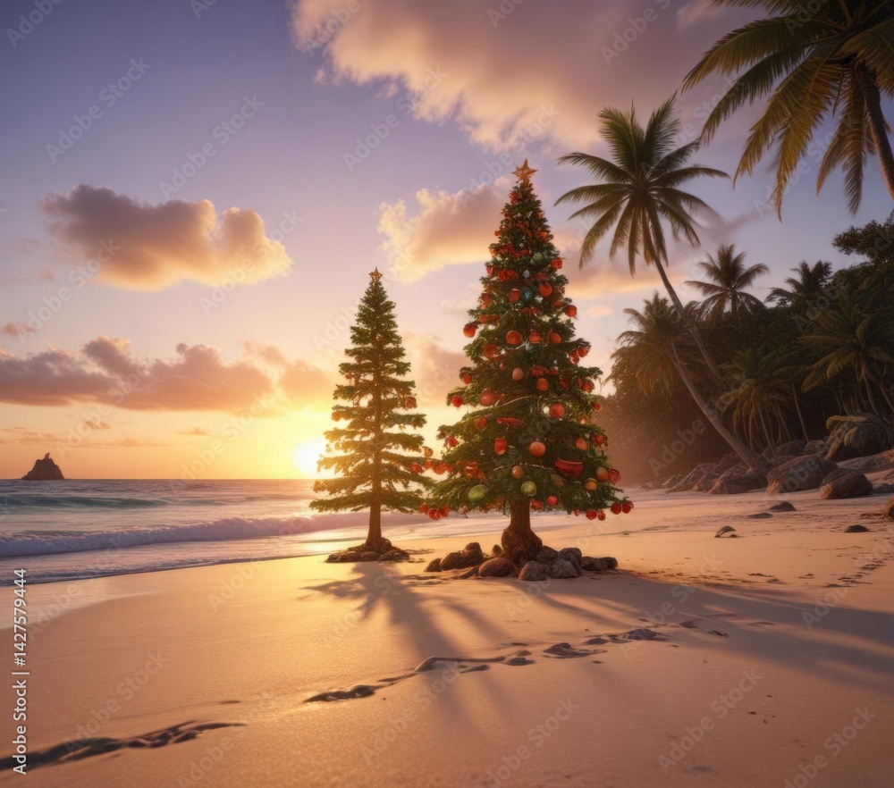 custom made wallpaper toronto digitalOrnamented Christmas tree on a deserted tropical beach at sunset , decoration, escape