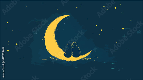 vector illustration of a night moon wit man and woman