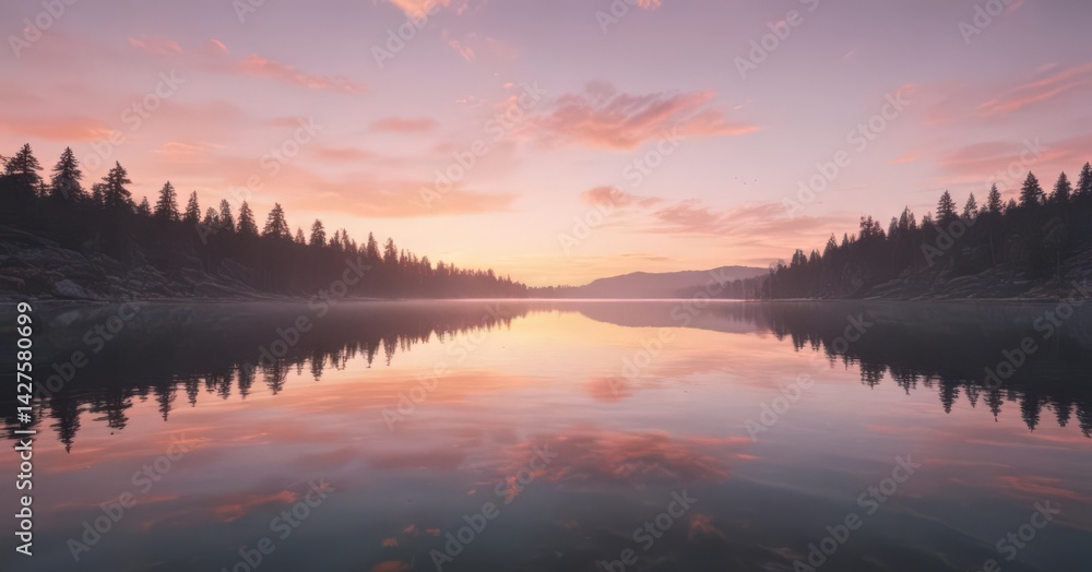 Obraz premium Pastel sunset over glassy lake, tranquil scene , serenity, colors, orange
