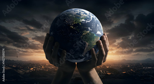 Earth at Sunset in Hands