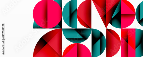 Abstract geometric pattern. Circles, semicircles, triangles interlock creating dynamic composition. Red, teal, black shapes contrast against white background. Modern design.