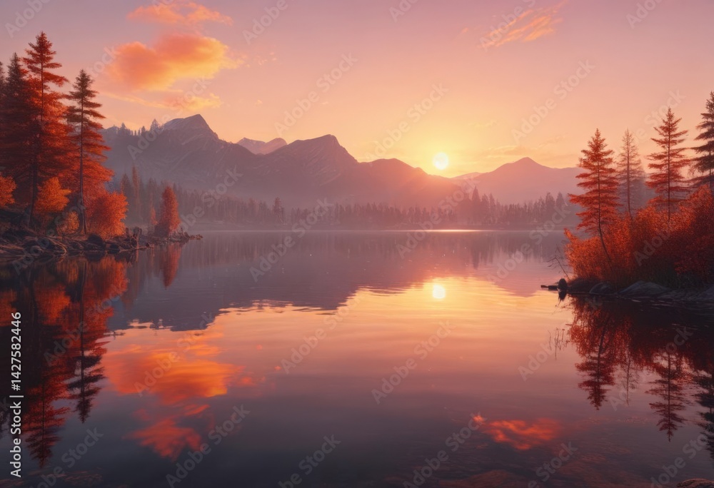 Fototapeta premium Serene sunset paints the calm lake with fiery hues , serene, still