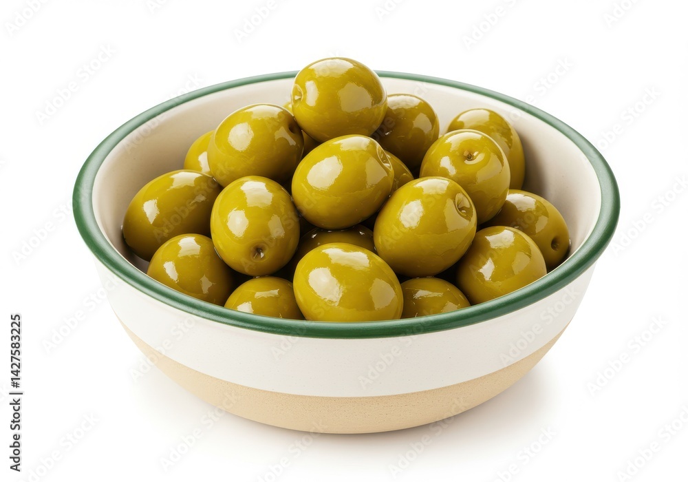 A bowl filled with fresh green olives isolated on white background A bowl filled with fresh green olives isolated on white background