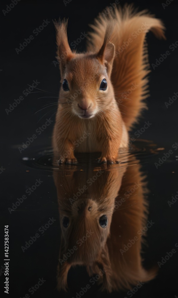 Fototapeta premium Red squirrel mirrored in a still dark pool, eyes bright, color, dark